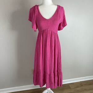 Midi Dress S Fuschia Pink Hot Smocked Coquette Picnic Boho Picnic Flutter Sleeve